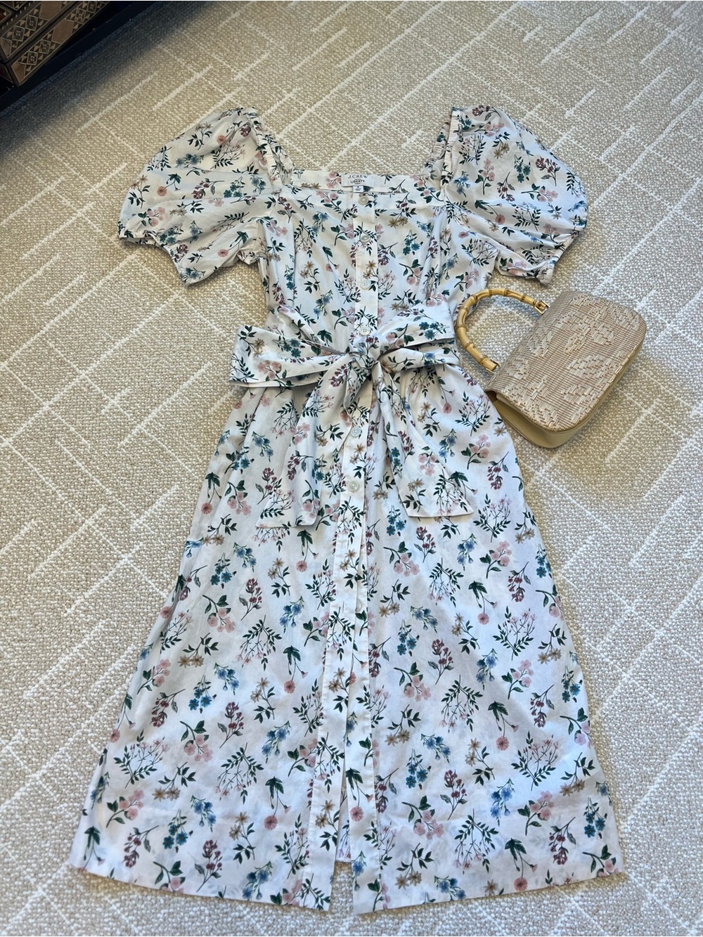J Crew Square-Neck Floral Tie-Waist Maxi Dress in White M-L